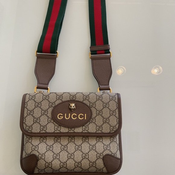Gucci Handbags - Gucci Beige GG Supreme Messenger Bag with Brown Trim and Green-Red Strap